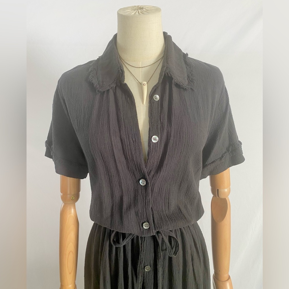 RAQUEL ALLEGRA GAUZE CRINKLE MAXI SHIRTDRESS IN BLACK - Picture 3 of 6